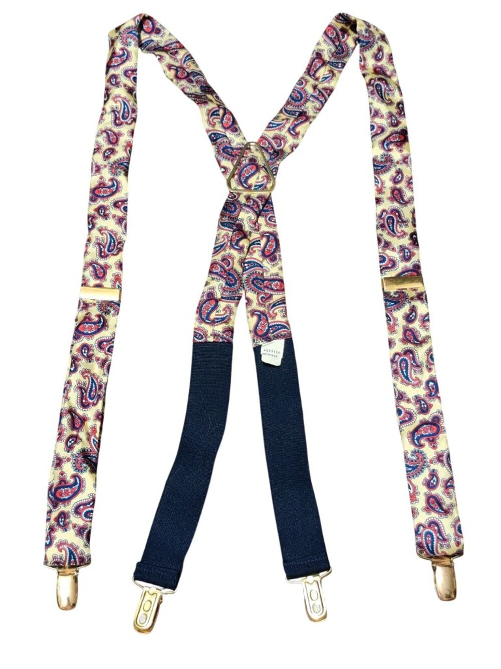 Berkley Cravats Suspenders Yellow Paisley Red Navy X Back 4 Clip Silk Vintage